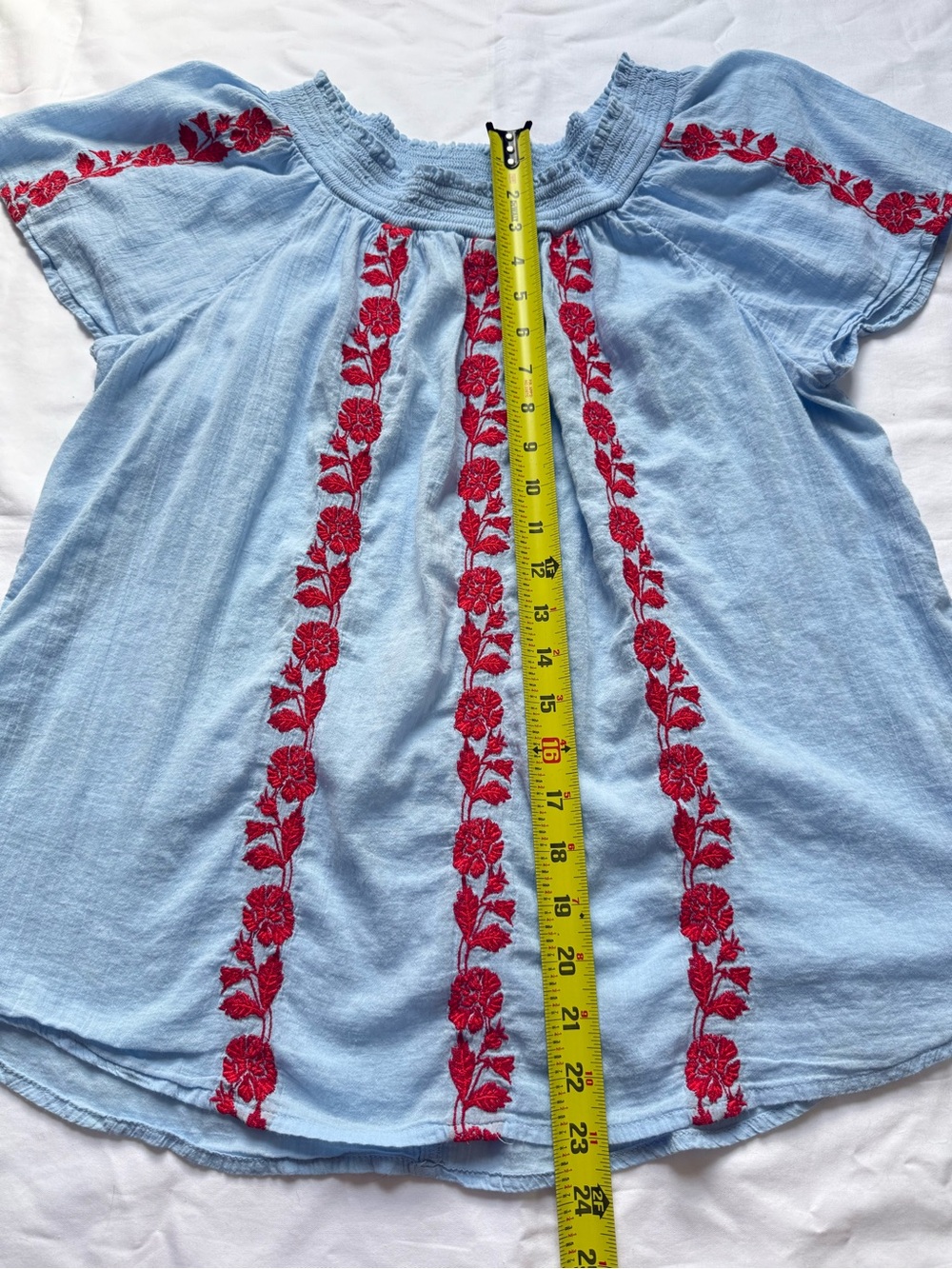 Liz Claiborne Light Blue Peasant Top with Red Floral Embroidery - Picture 3 of 5